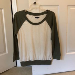 American Eagle olive green & white baseball shirt
